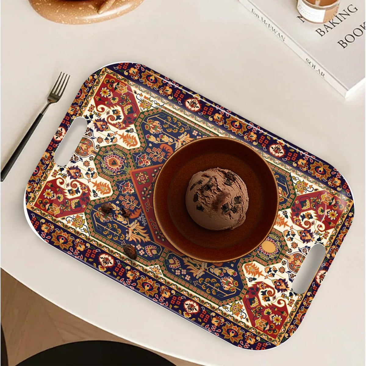 Serving Trays with Handles, 14.5 x 9.8 inch Rectangular Plastic Tray for Restaurant, Kitchen, Dark