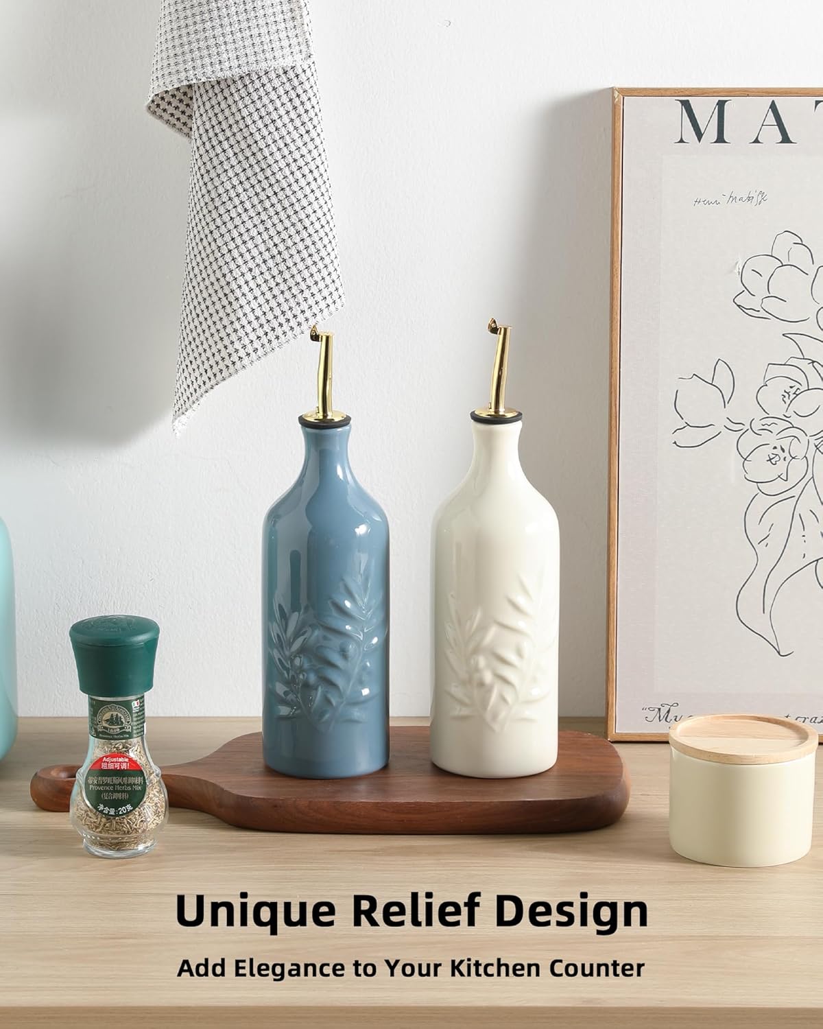 Sweejar Ceramic Olive Oil Dispenser Bottle 20 Oz Relief Opaque Oil Cruet Protects To Reduce