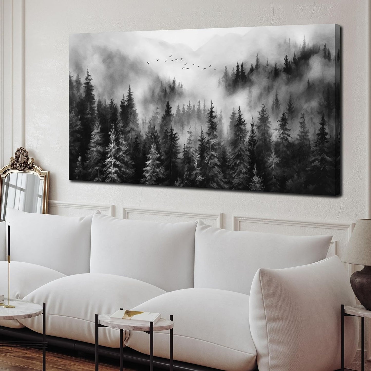Large Pictures for Living Room Foggy Forest Canvas Wall Art for Bedroom Black Home Office Wall