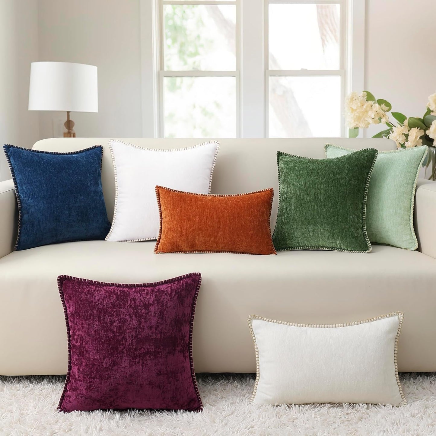 decorUhome Chenille Soft Throw Pillow Covers 16x16 Set of 2, Farmhouse Velvet Neutral Decorative