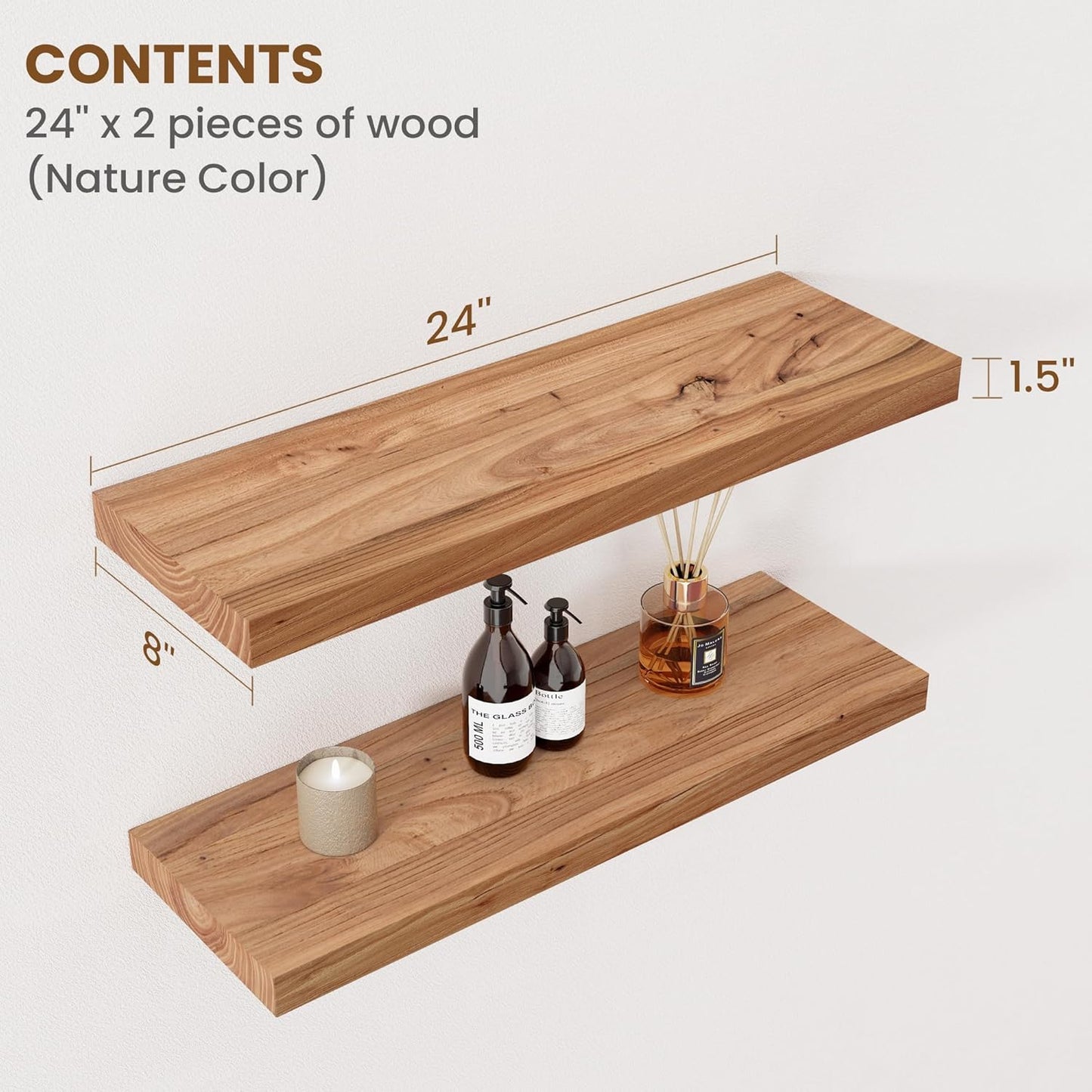 Floating Shelves for Wall Decor, 8" Deep Rustic Solid Elm Wood Floating Shelves Wall Mounted, Wall