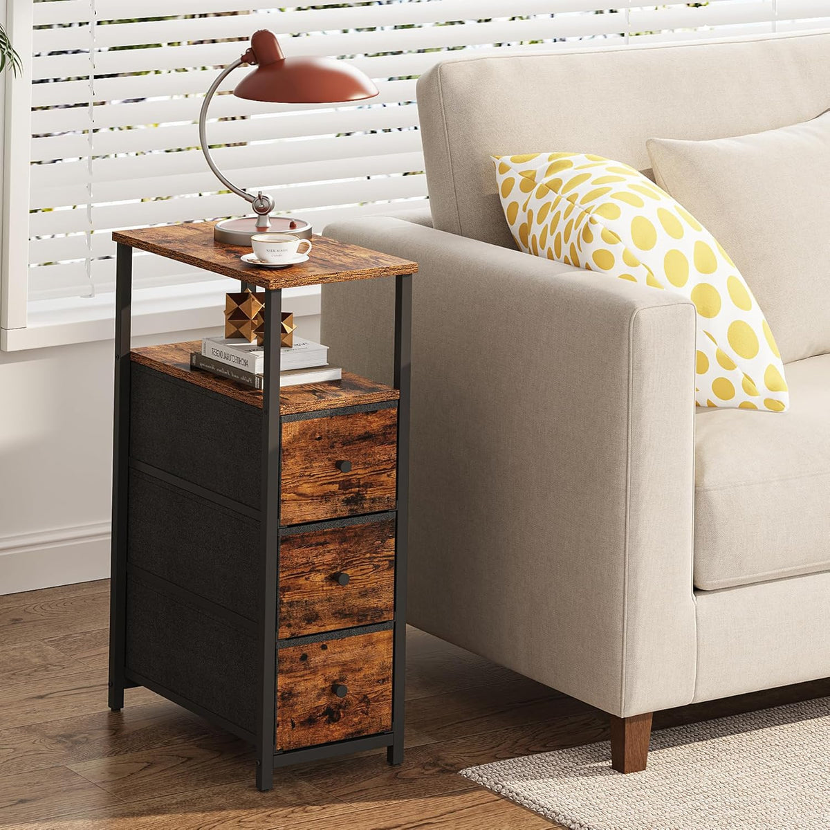 TUTOTAK Narrow Night Stand, Slim End Table, Tall Side Table with 3 Fabric Drawer, Small Bedside