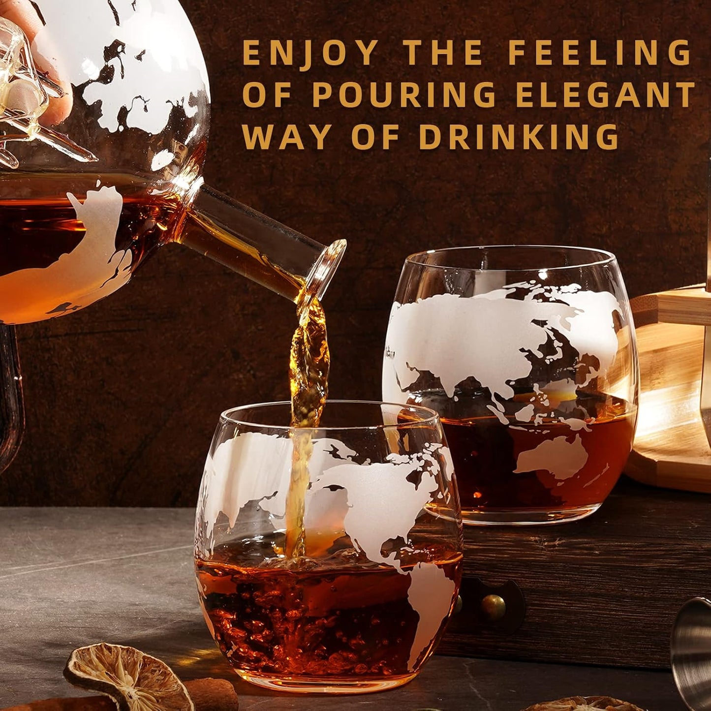 Gifts for Men Dad Husband Christmas, Whiskey Globr Decanter Set with 4 Etched Globe Glasses, Unique