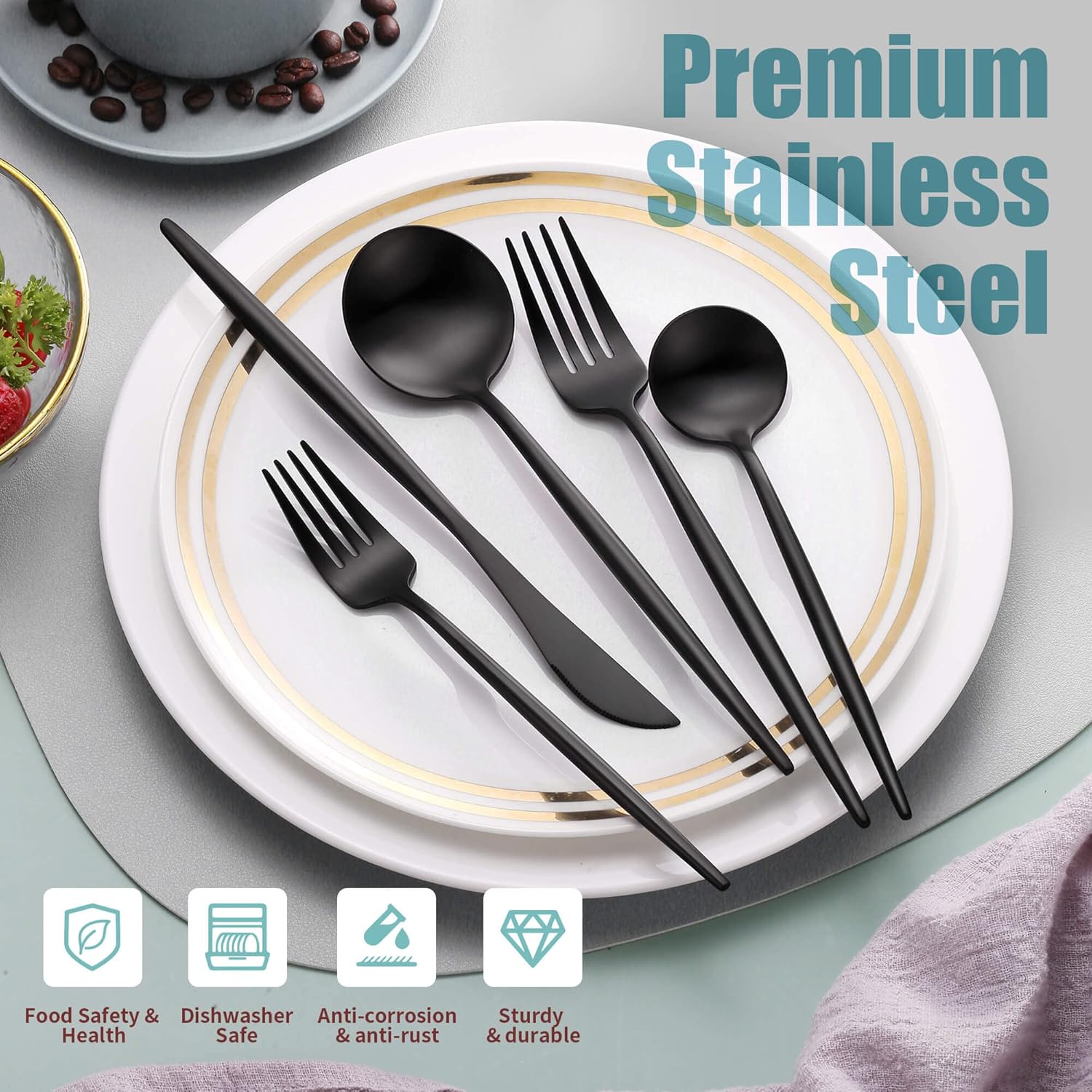 Matte Black Silverware Set for 4,Modern Stainless Steel Brushed Cutlery Set,20-Pieces Heavy Duty