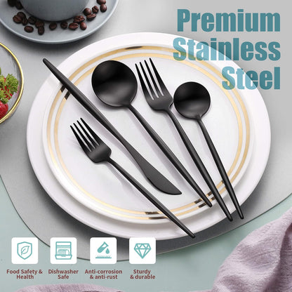 Matte Black Silverware Set for 8,Modern Stainless Steel Brushed Cutlery Set,40-Pieces Heavy Duty