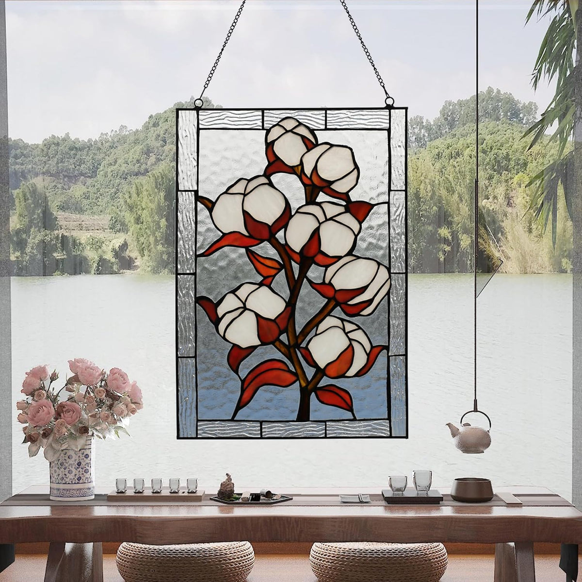 YOURANJU Stained Glass Window Hanging 16" H x 11" W Tiffany Style Rectangular Window Panel Suitable
