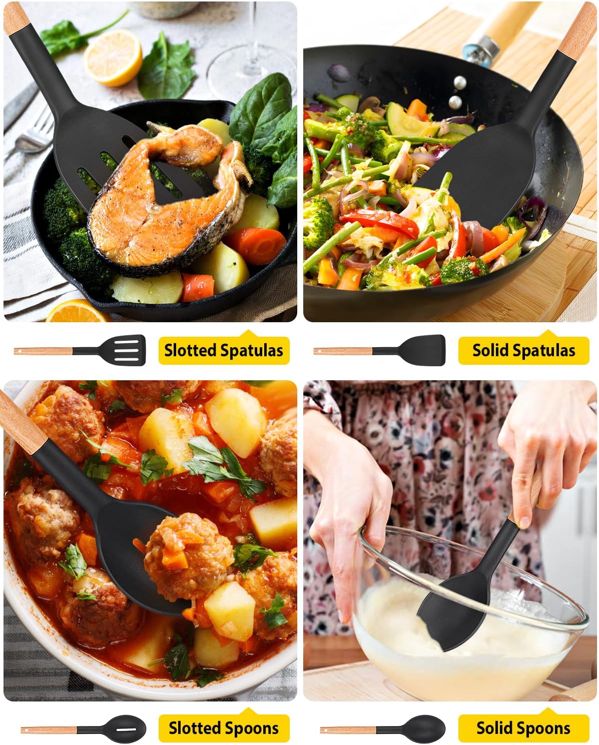 Pack of 4 Silicone Cooking Utensils Set, Non Stick Solid Spatulas and Heat Resistant Slotted Spoons