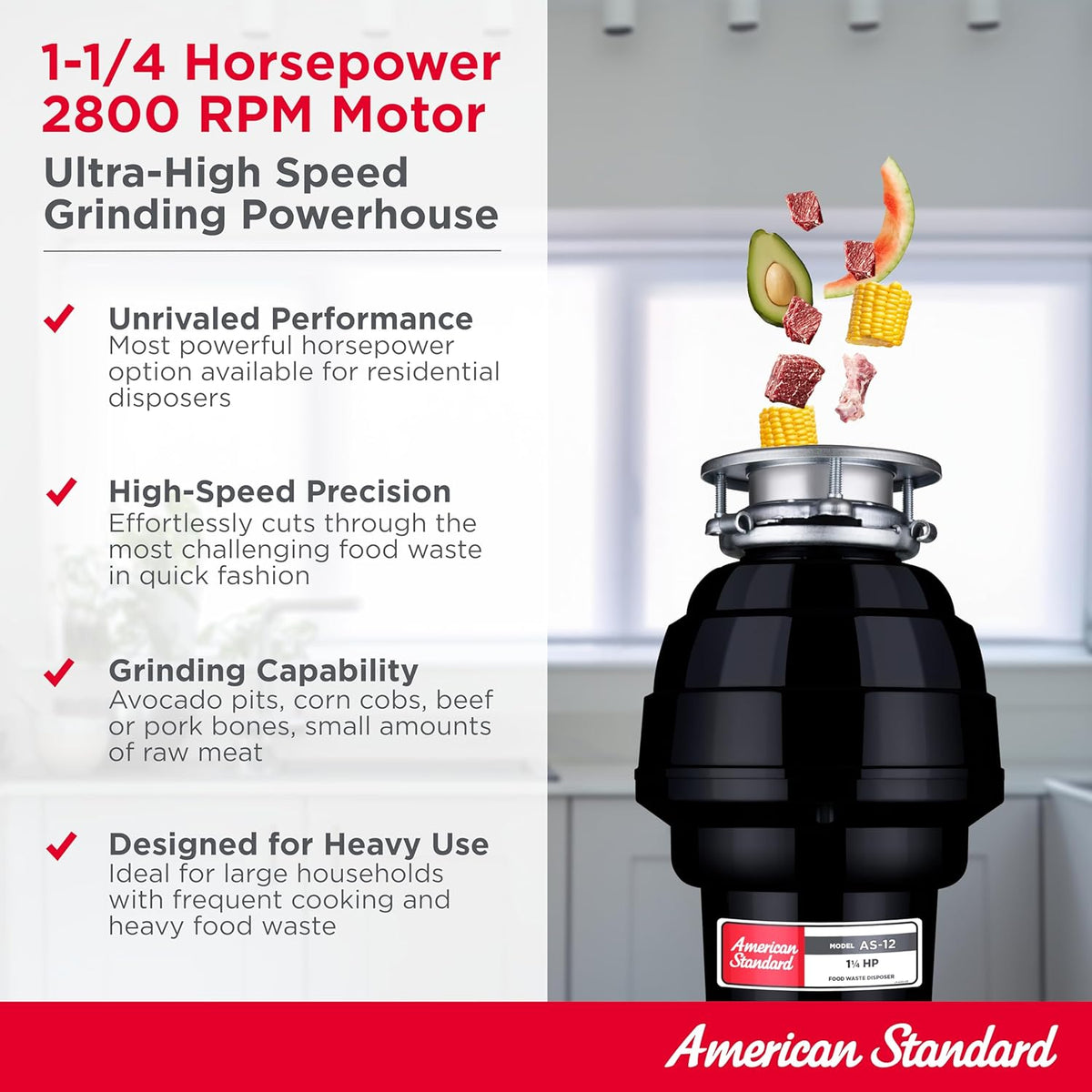 American Standard 10-US-AS-12 Garbage Disposal Anti-Jam Stainless Steel Food Waste Grinding System