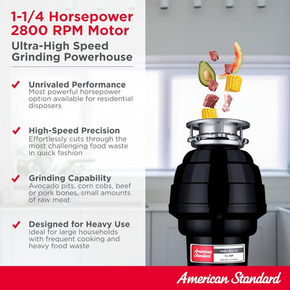 American Standard 10-US-AS-12 Garbage Disposal Anti-Jam Stainless Steel Food Waste Grinding System