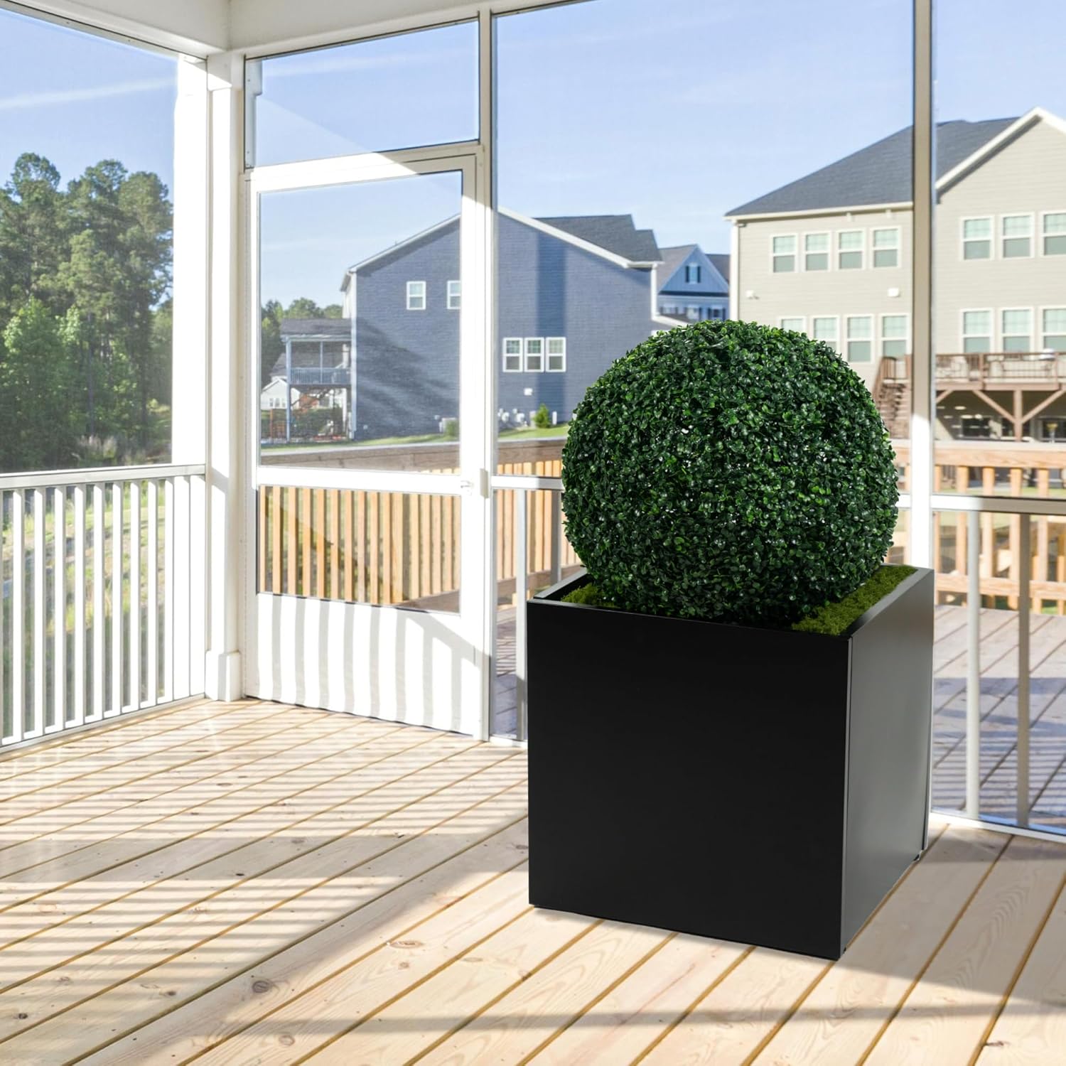 Kozyard 20'' Cube Metal Planter Steel Planter Box Black Steel Flower Pot with Saucer Partition