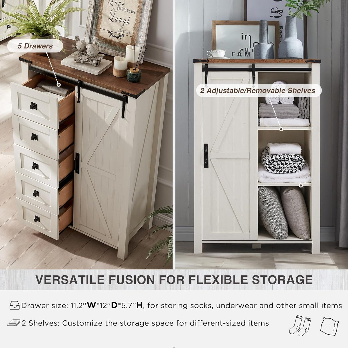 T4TREAM 5 Drawers Dresser for Bedroom w/Sliding Barn Door, Farmhouse Modern Tall Dresser 5 Chest of