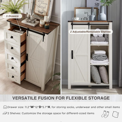 T4TREAM 5 Drawers Dresser for Bedroom w/Sliding Barn Door, Farmhouse Modern Tall Dresser 5 Chest of