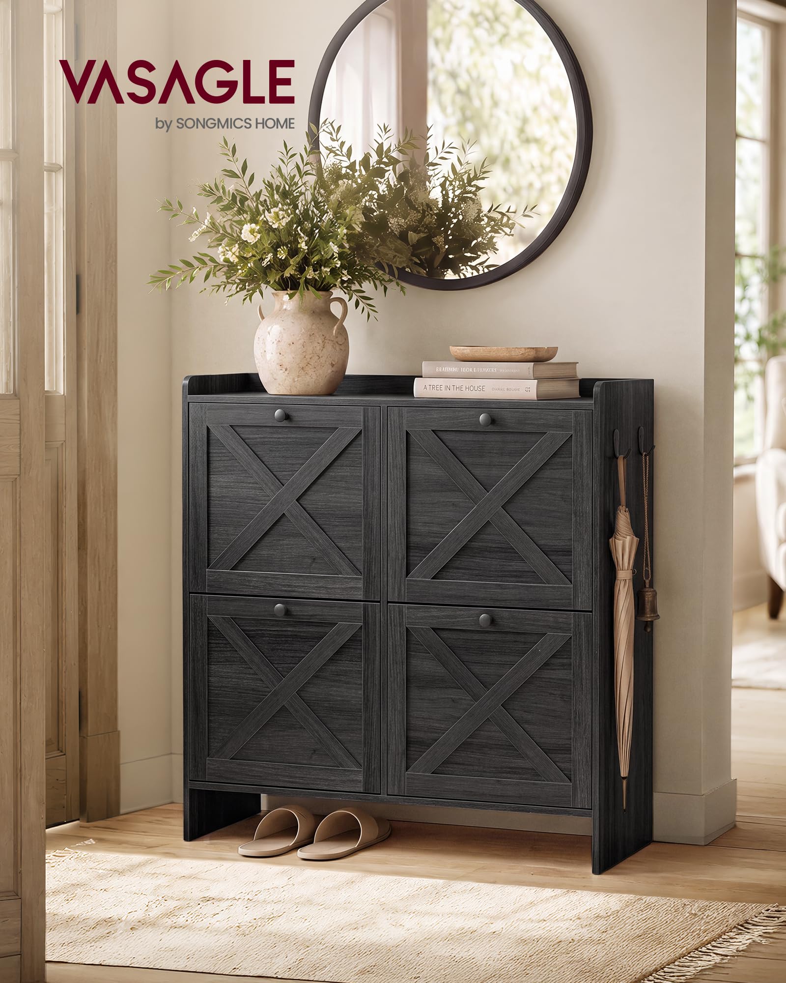 VASAGLE Shoe Storage Cabinet Organizer with 4 Flip Drawers, Freestanding Narrow Shoe Rack Cabinet