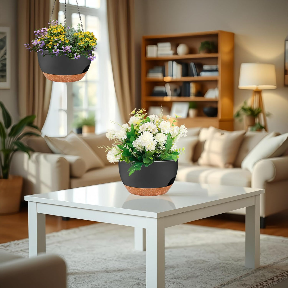 2 Pack 12 Inch Large Hanging Planters with Chains Self Watering Black Brown Plastic Hanging Pots