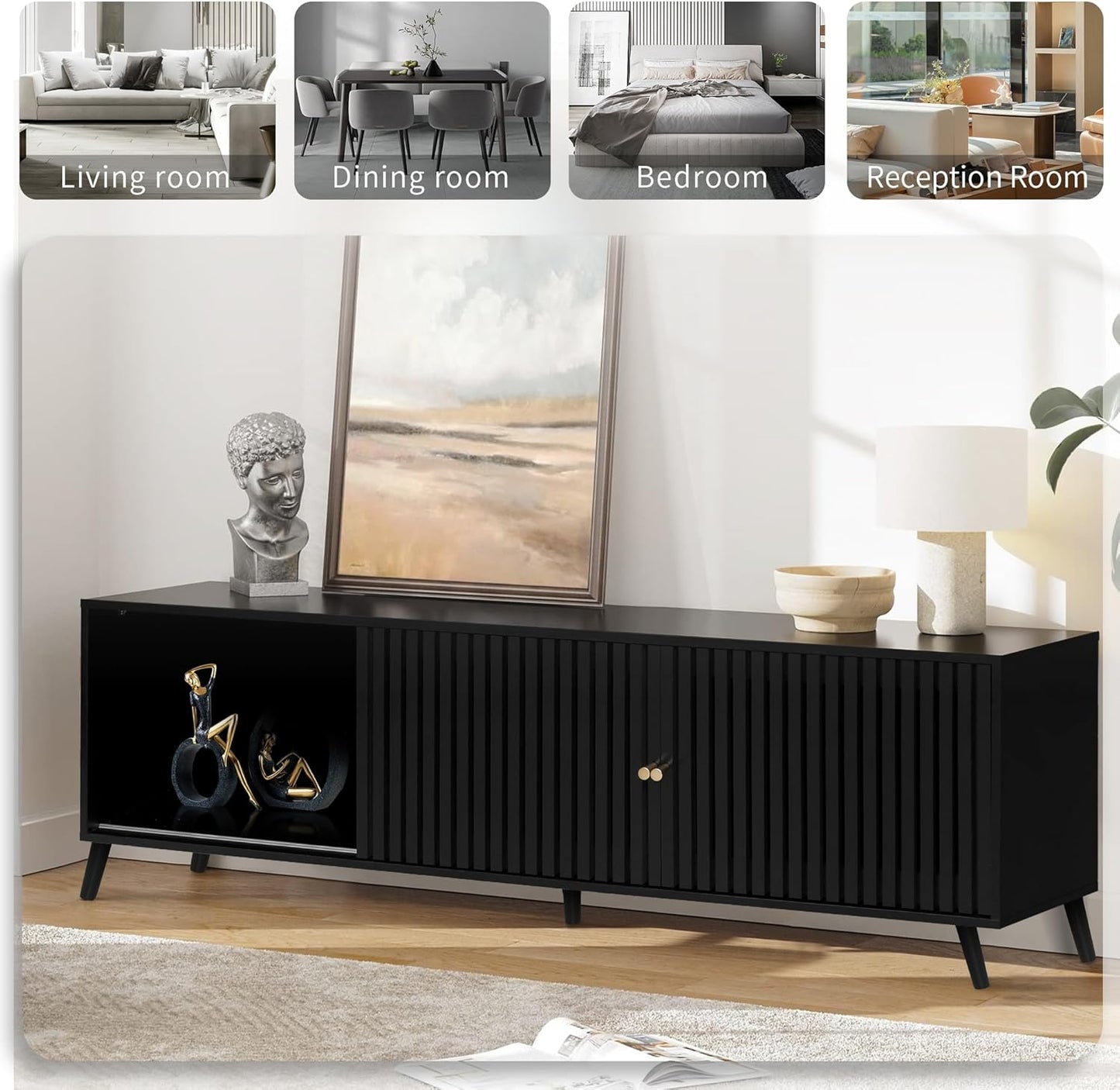 Mid Century Modern TV Stand for Televisions up to 70 Inches, with Sliding Doors and Storage