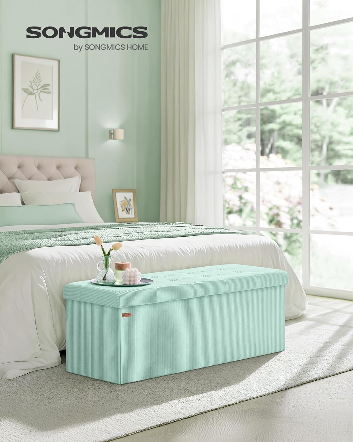 SONGMICS MAZIE Collection - Storage Ottoman Bench, Foldable Foot Rest, 15 x 43 x 15 Inches, End of