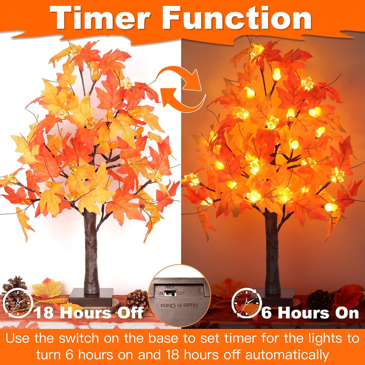 2 Pack 24 Inch Prelit Fall Maple Tree Fall Decor with 48 LEDs Timer Battery Operated Artificial