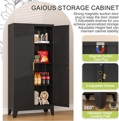 Metal Storage Cabinet With 2 Doors and 3 Adjustable Shelves, Black Kitchen Pantry for Food, Utility