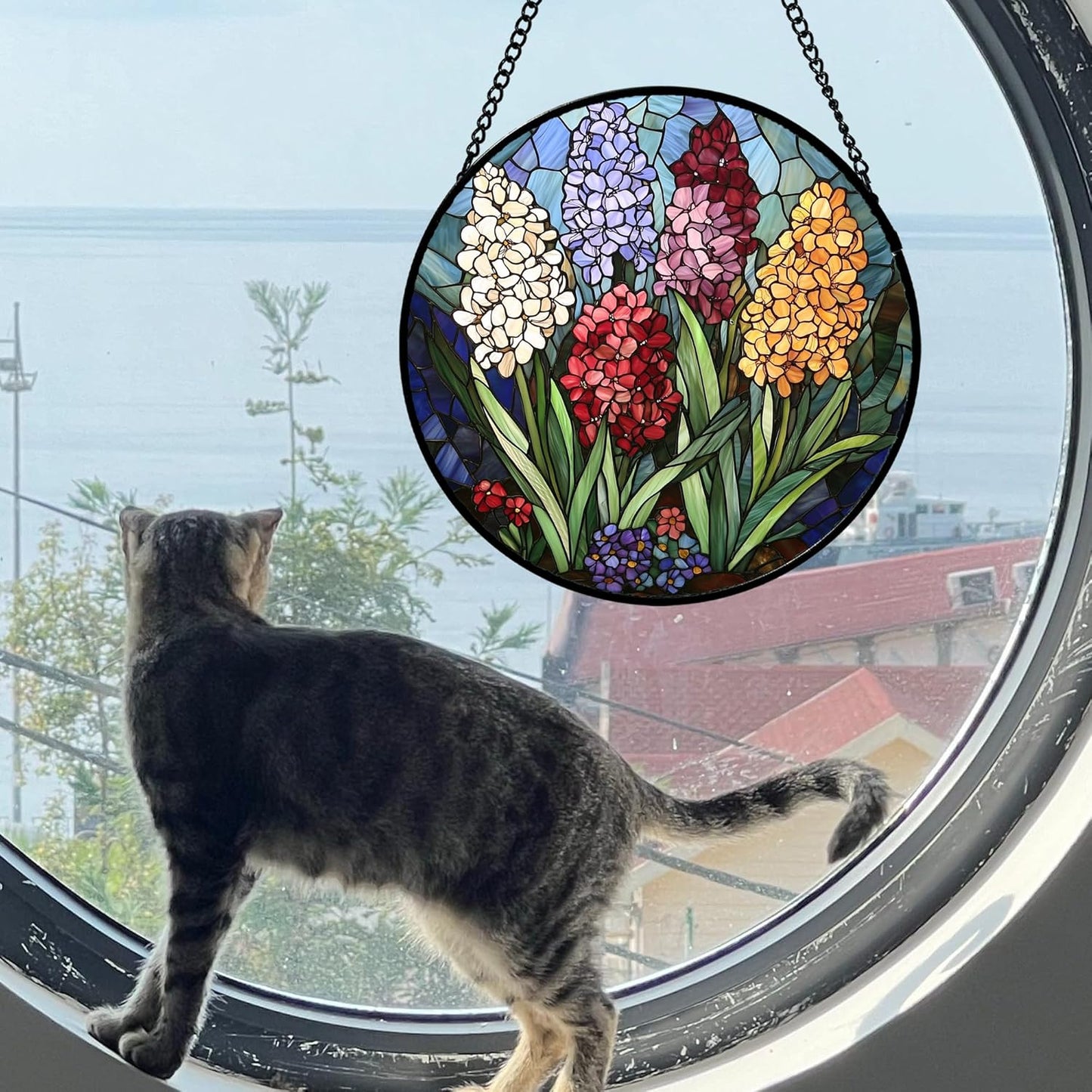 Stained Glass Window Hanging, Colorful Hyacinth Flowers Suncatcher for Doors Window Home Plant Sun
