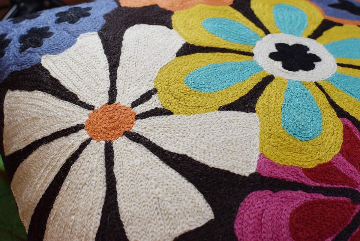Modern Black Daisy Floral Pillow Cover Accent Flower Traditional Pillowcase Hand Embroidered