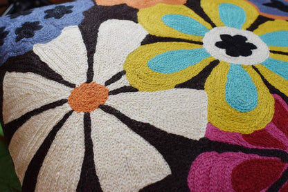 Modern Black Daisy Floral Pillow Cover Accent Flower Traditional Pillowcase Hand Embroidered