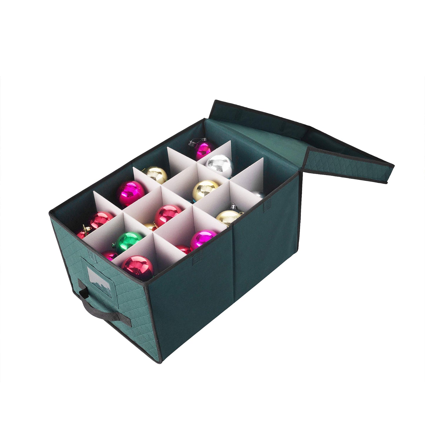 Ornament Storage Box-Green Holiday Organizer Cube- 24 Individual 4” Compartments & Dividers-Flip