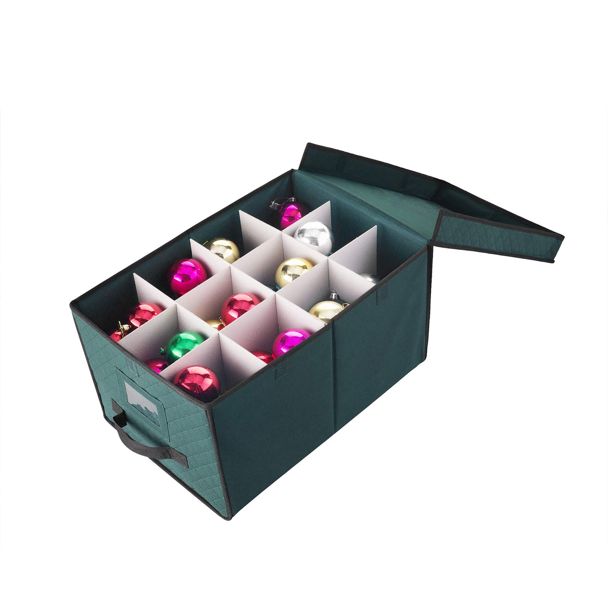 Ornament Storage Box-Green Holiday Organizer Cube- 24 Individual 4” Compartments & Dividers-Flip