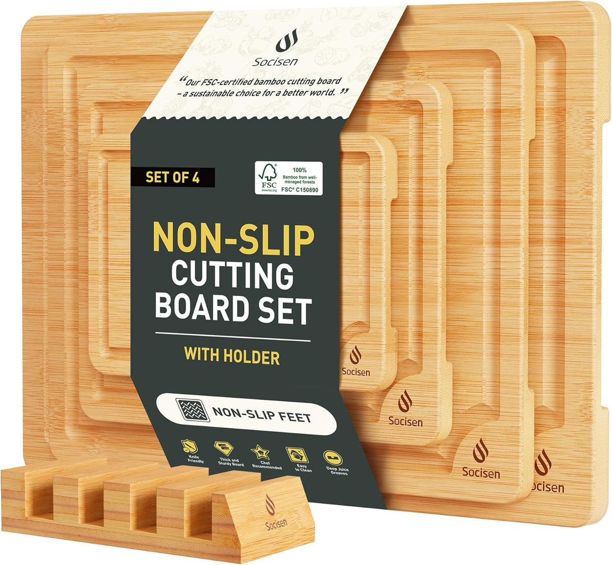 Bamboo Cutting Board Set Non Slip Feet with Holder Over Sink Adult Women Her Sister Aunt Wife