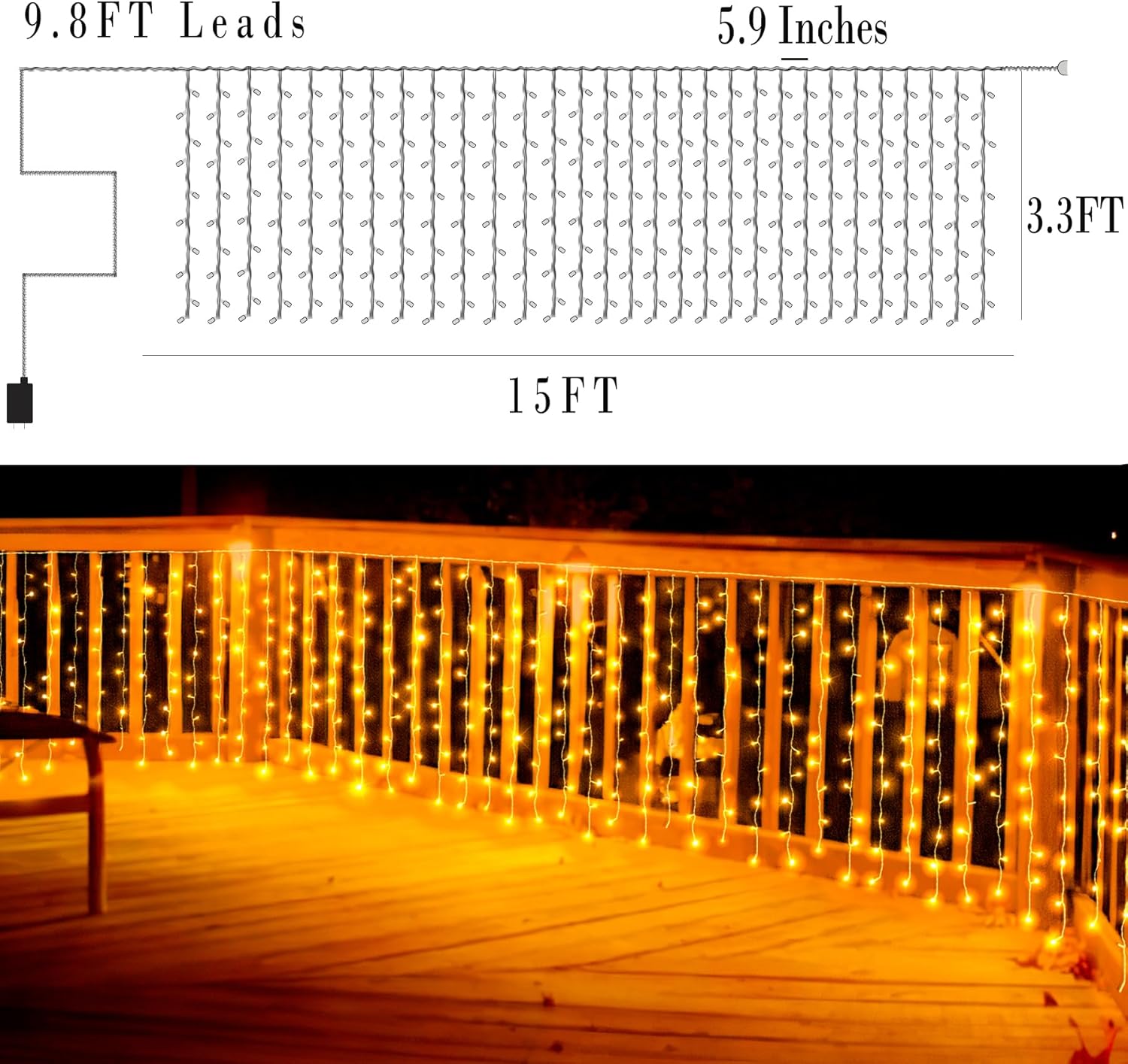 Eueasy Curtain-Lights Outdoor, 300 LED-Fairy Lights, Connectable15×3.3 FT with 8 Lighting Modes