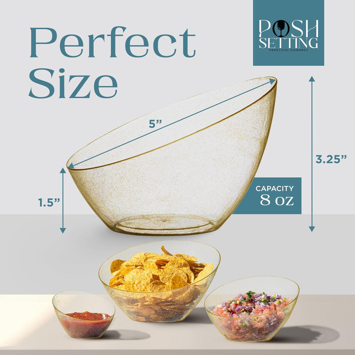 Posh Setting Gold Plastic Serving Bowls - Angled, Disposable for Chips, Candy, Salad, Fruit