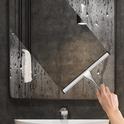 All-Purpose Stainless Steel Shower Squeegee for Shower Doors with 2 Adhesive Hooks, Bathroom