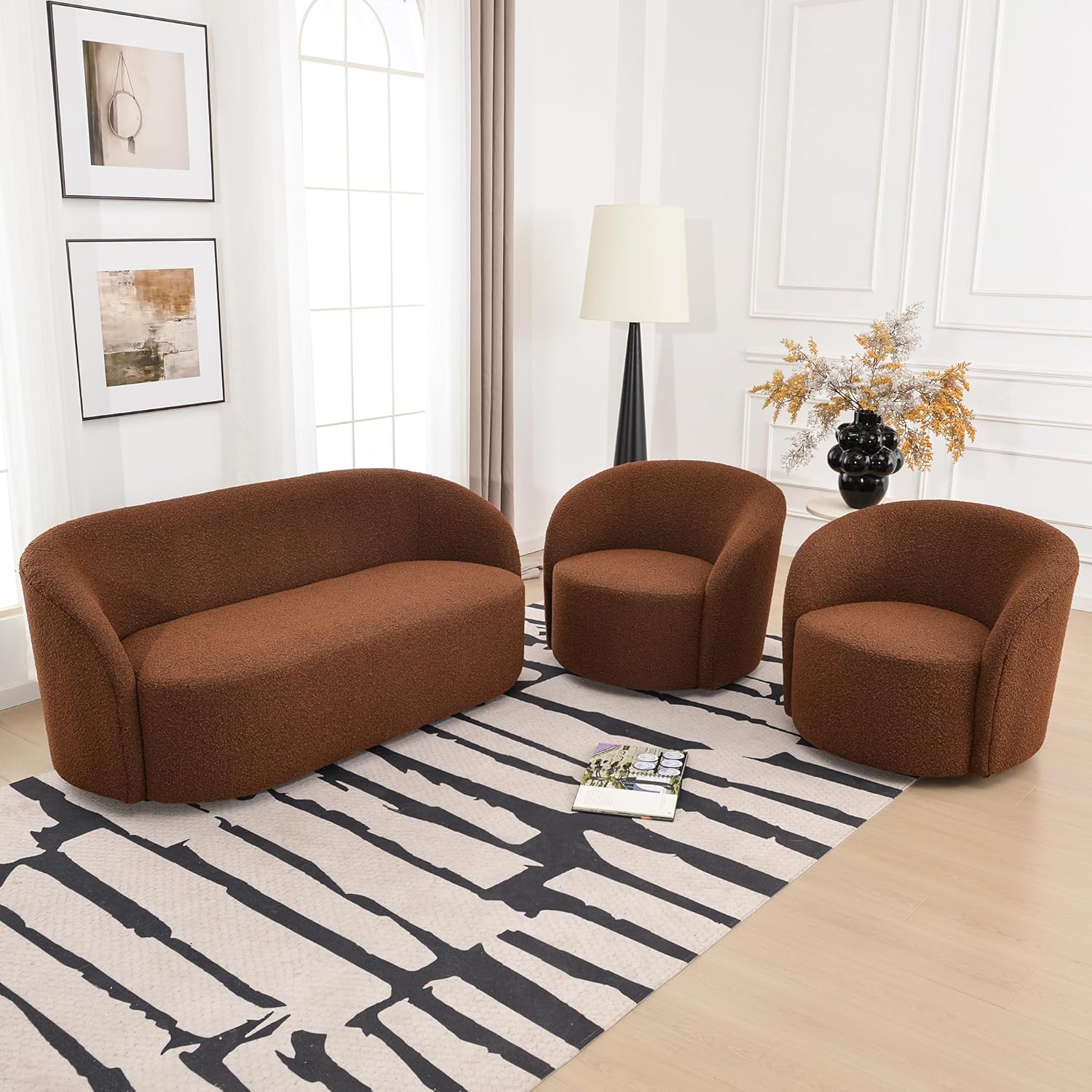 KINWELL 34" W Swivel Barrel Chair Set of 2, Mid Century Modern Round Upholstered Boucle Swivel