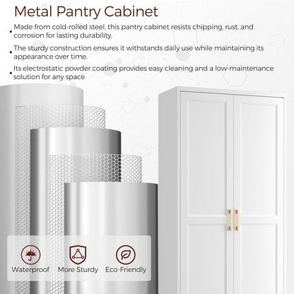 71" Tall Metal Pantry Cabinet, White Kitchen Pantry Storage Cabinet with 4 Adjustable Shelves and