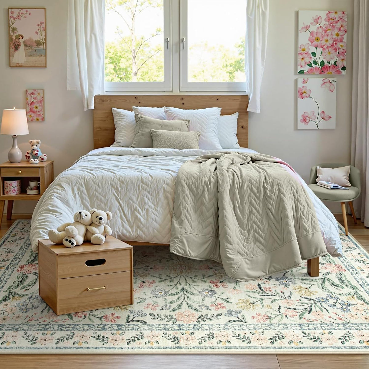 Wonnitar Washable 6x9 Area Rugs, Soft Floral Rug for Bedroom Kids Playroom Light Colored Carpet