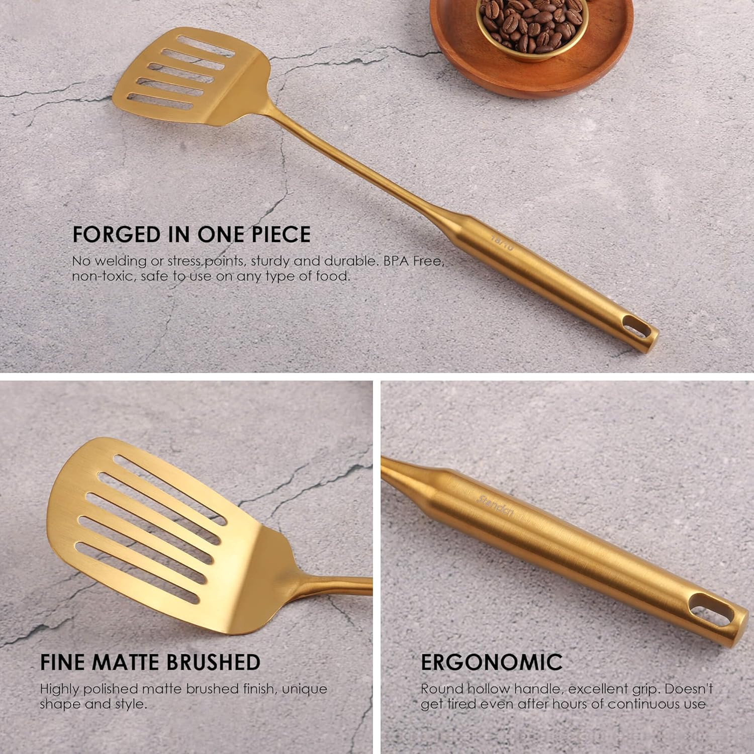 Gold Kitchen Utensils Set - 18/10 Stainless Steel Cooking Tools, 15" All Metal Serving Utensils