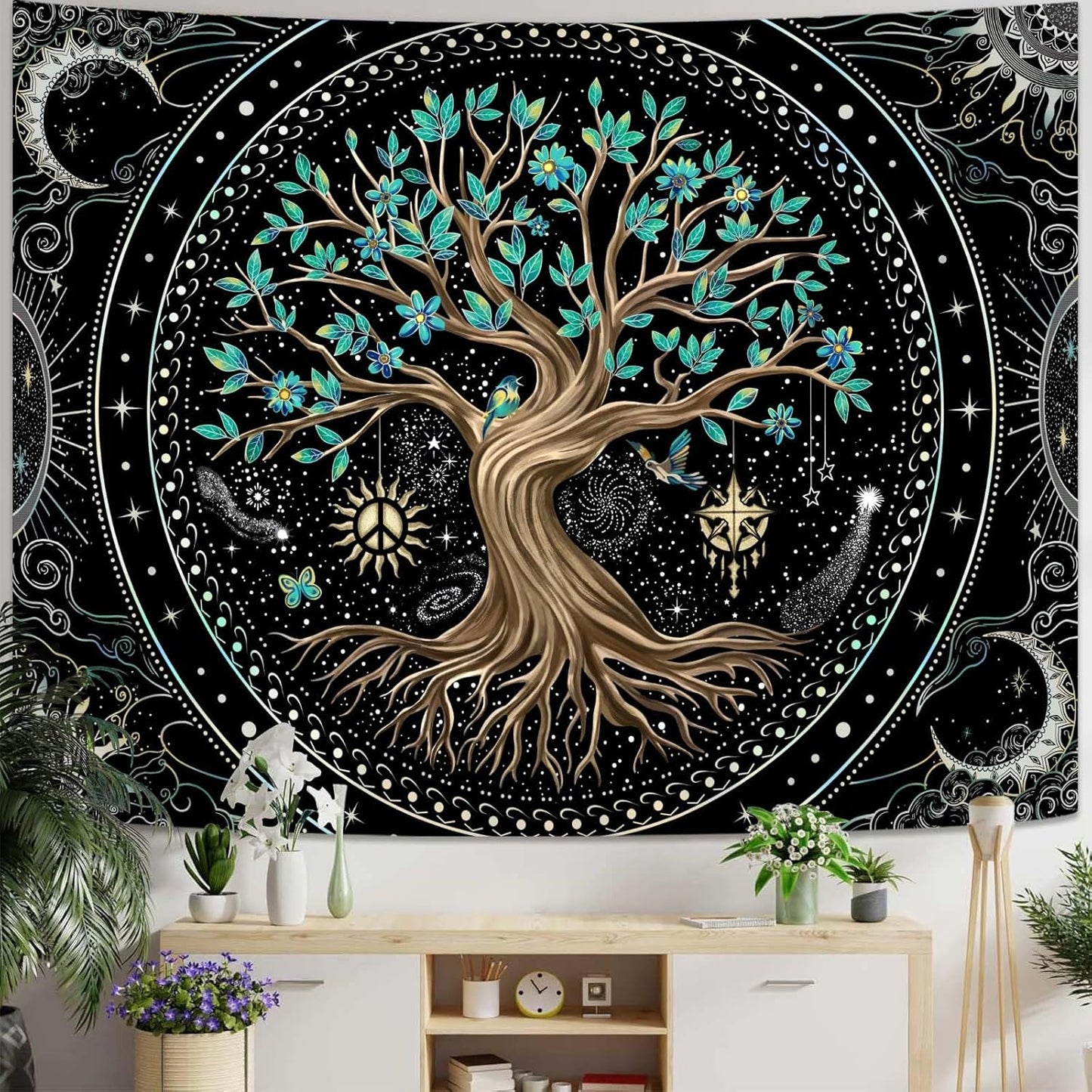 Lunerfex Tree of Life Tapastry Butterfly Moon Tapastry Flower Green Tree Tapestries Mandala Wall