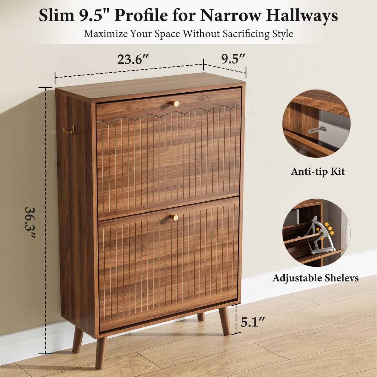 Nicetree Shoe Storage Cabinet for Entryway, 9.5inch Slim Shoe Rack with 2 Flip Drawers, Mid-Century