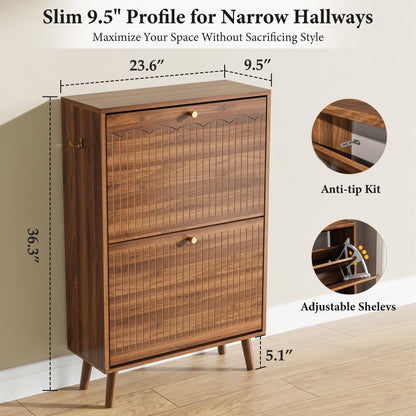 Nicetree Shoe Storage Cabinet for Entryway, 9.5inch Slim Shoe Rack with 2 Flip Drawers, Mid-Century
