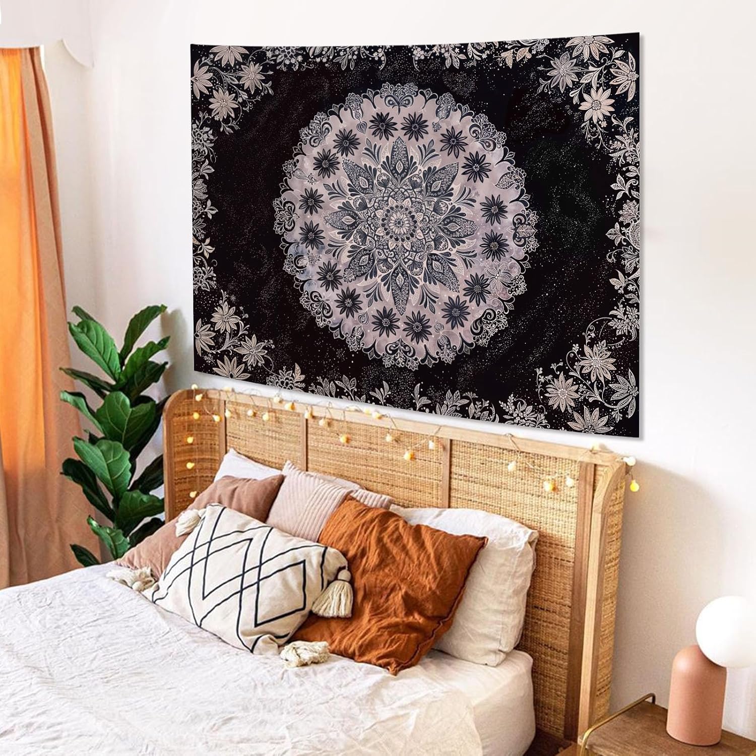 Fowocu Boho Floral Mandala Tapestry Wall Hanging Grey Bohemian Flower Medallion Tapestry Aesthetic