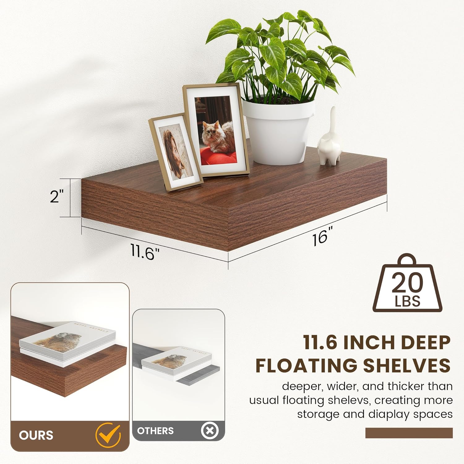 Deep Floating Shelves for Wall | 16 Inch Wide x 12 Inch Deep Floating Shelves Set of 2 | Rustic