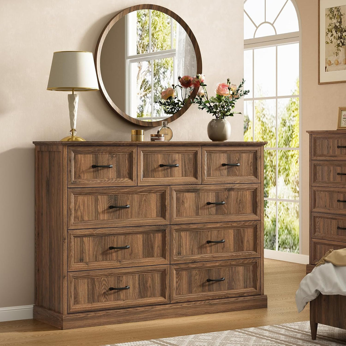 Farmhouse 9 Drawer Dresser for Bedroom, 55 Inch Wide Modern Walnut Dresser TV Stand with Large