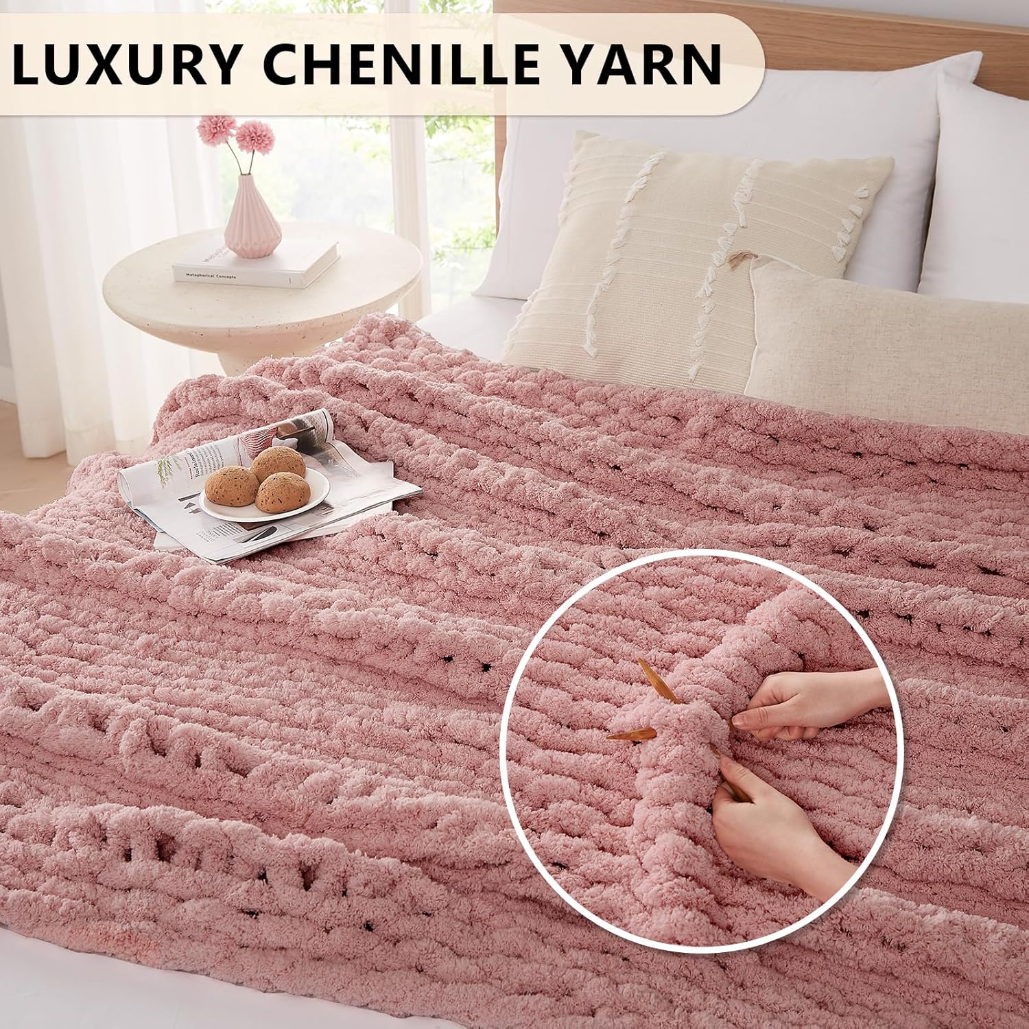 L'AGRATY Chunky Knit Blanket Throw - Soft Chunky Throw Blanket 50x60: 100% Hand Kintted Chenile