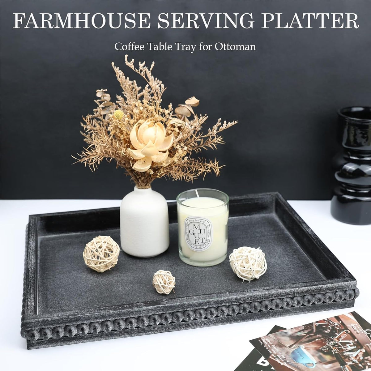 Rectangle Wood Serving Tray with Beads, Black Washed Wooden Decorative Tray for Entertaining