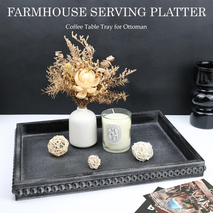 Rectangle Wood Serving Tray with Beads, Black Washed Wooden Decorative Tray for Entertaining