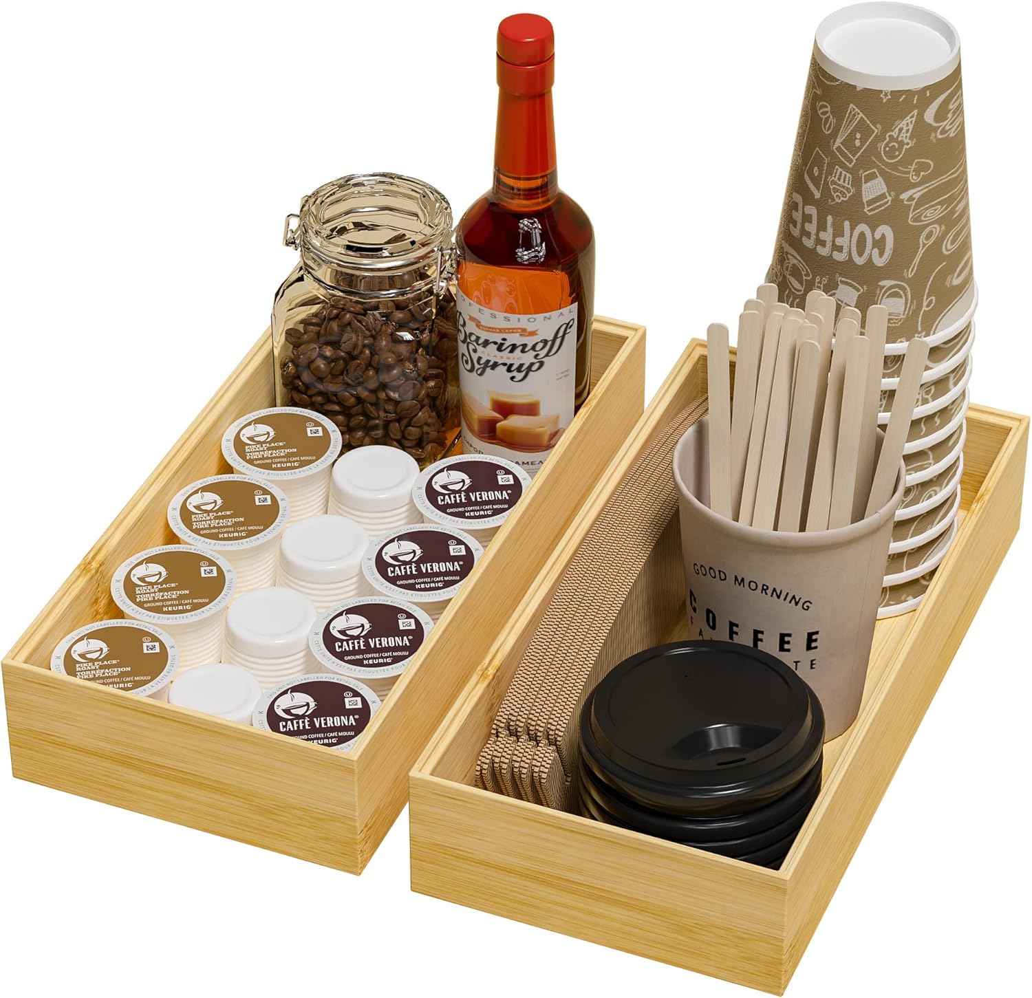 Kitchen Drawer Organizer Bins, Stackable Bamboo Drawer Organizer for Silverware, Flatware, Coffee