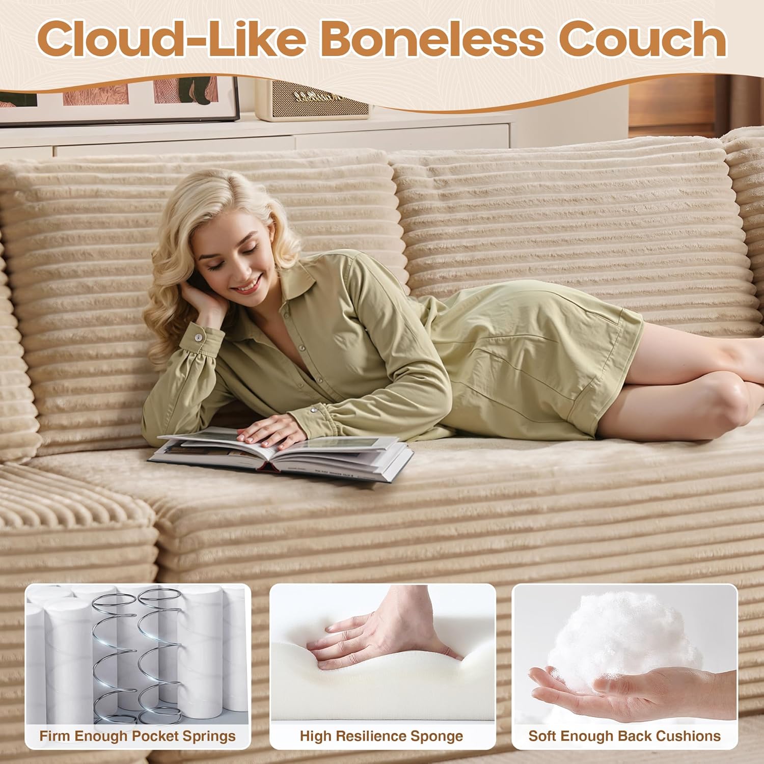 Cloud Sectional Couches for Living Room,U Shaped Modular Sofas No Assembly,133x68 Inches Plush