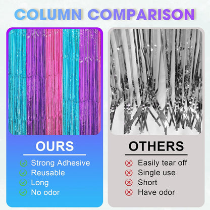 3 Pack 3.3 x 8.2 ft Blue Purple Pink Foil Fringe Backdrop Curtains, Tinsel Streamers Party