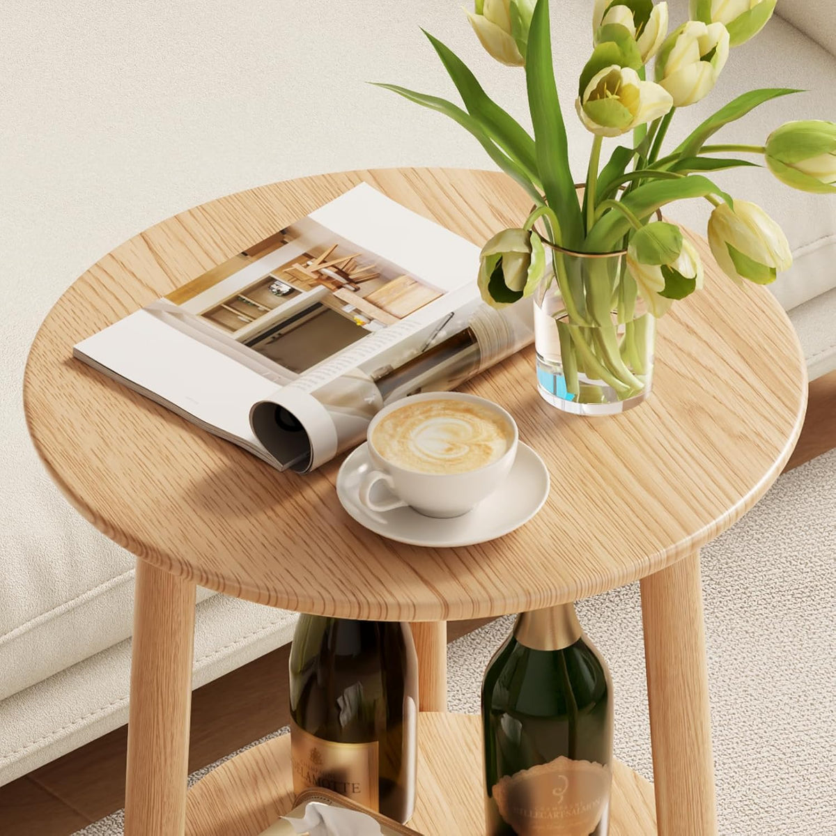 Round End Table,Solid Wood Small Round Table with Lower Shelf,Round Side Table，Nightstand for Small