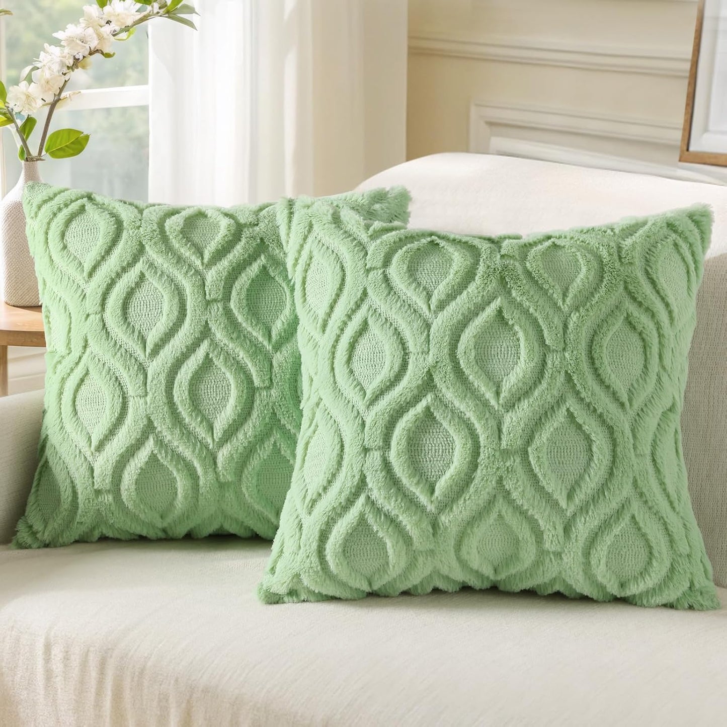 decorUhome Throw Pillow Covers 26x26 Inch Set of 2, Soft Plush Decorative Faux Fur Sage Green Solid