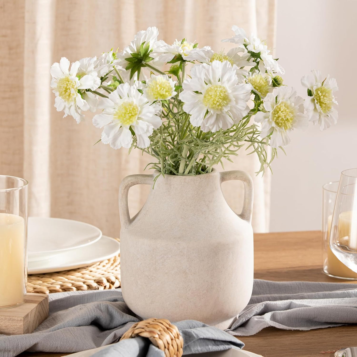 Mitt&Ditt Ceramic Flower Vase with Handles, 8 inch Tall Off-White Vase, Decorative Terracotta